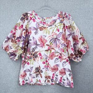 Chico's Floral Dolman Sleeve Knit Top Women Size ( 2 ) L White Tropical Spring